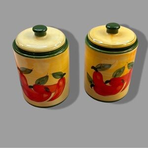 Vintage Hand Painted Ceramic Canister Set of 2 Yellow w/ Red Pepper 90s Kitchen